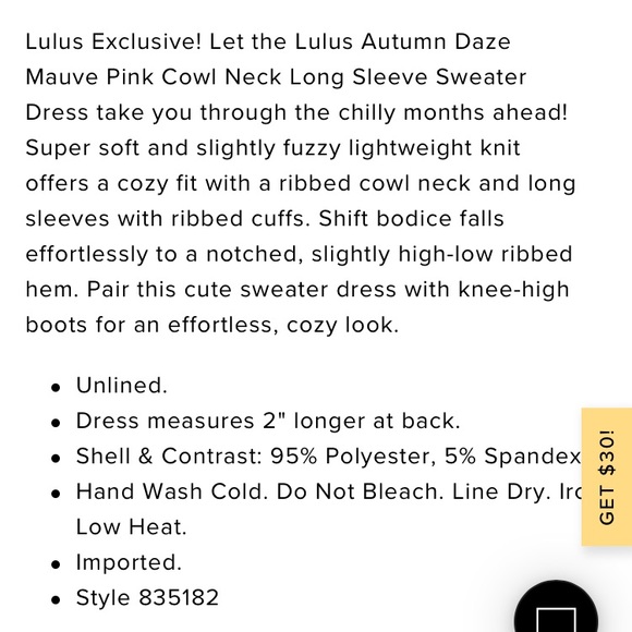 Lulus Autumn Daze Mauve Pink Cowl Neck Sweater Dress Size Small NWT - Picture 8 of 8